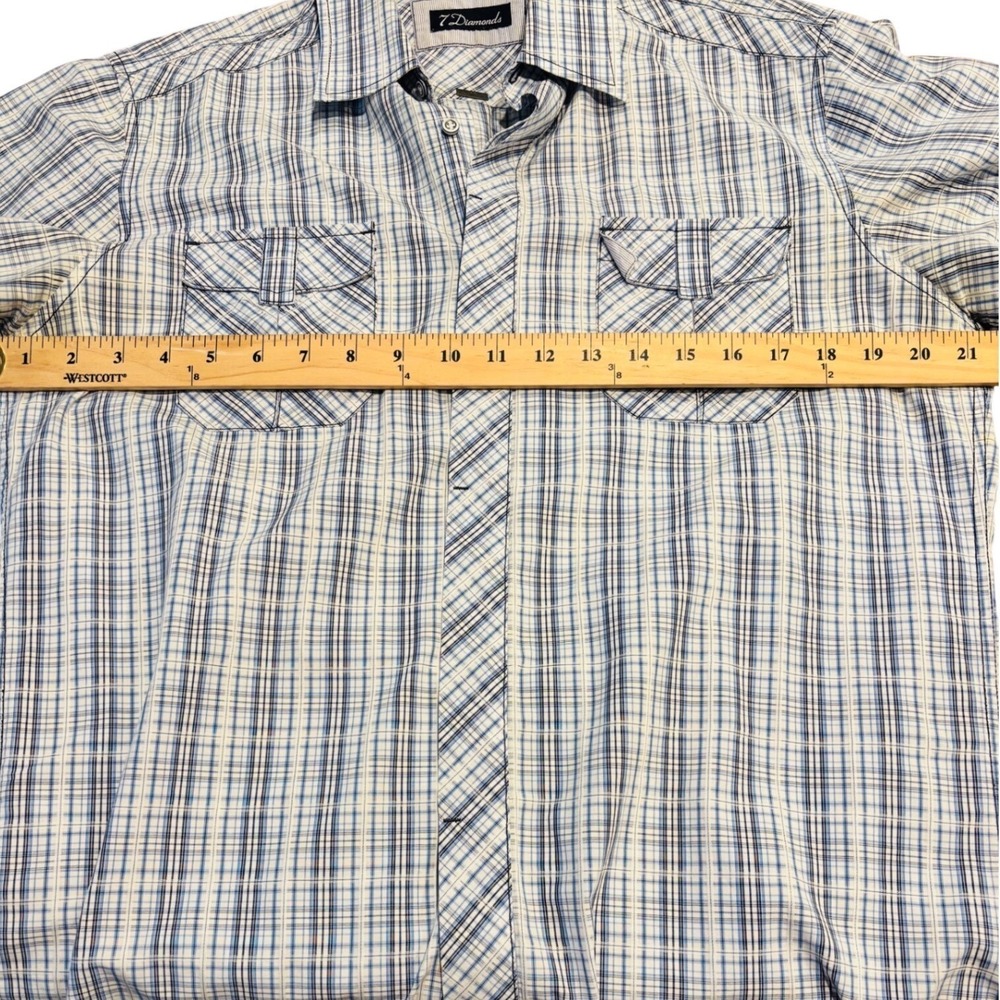 7 Diamonds Mens Short Sleeve Blue White Plaid Button Down Shirt Size Medium - Picture 3 of 5